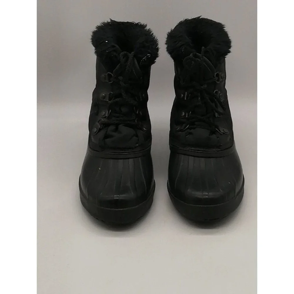 Sorel Boots Womens Kaufman Black 7 Winter Shoes Leather Lined Fur Trim Lace Up